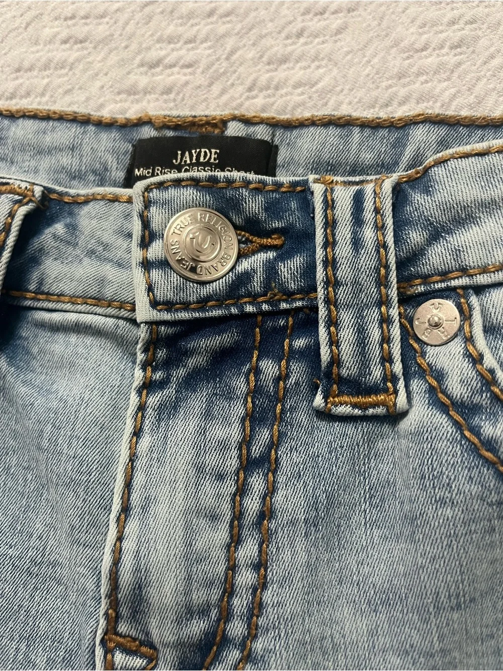 True Religion Light Blue Women's Denim Shorts with Signature Back Pockets